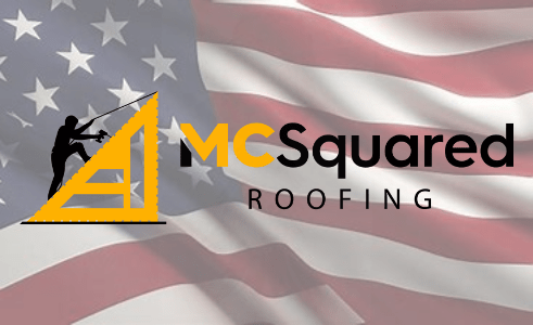 MCSquared Roofing Logo with a US flag background