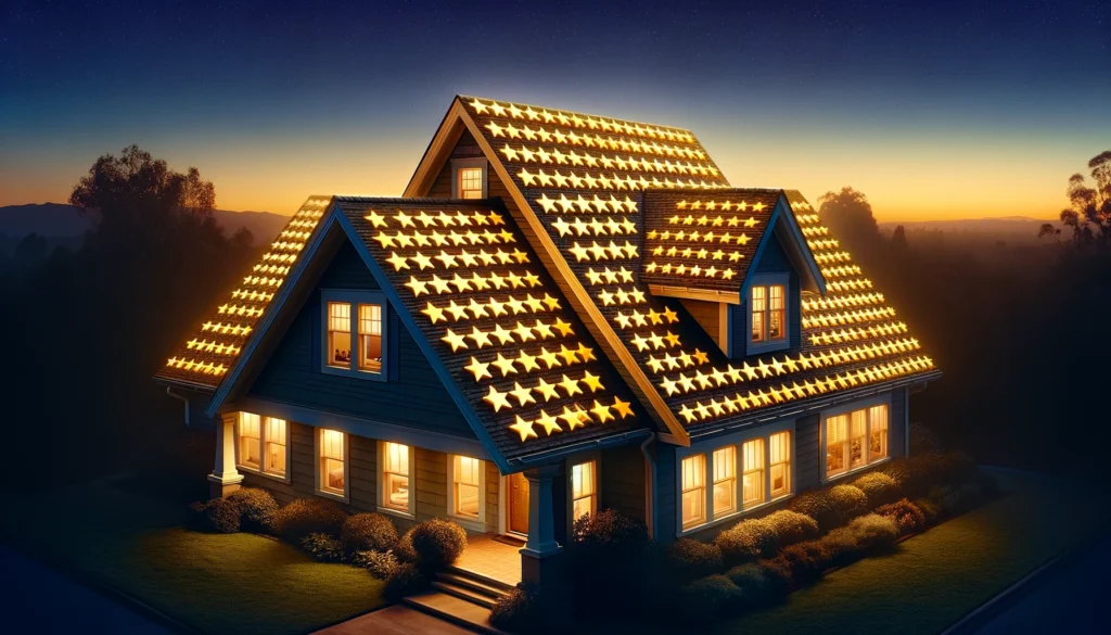A 5 star roofing experience. House with roof covered in stars.