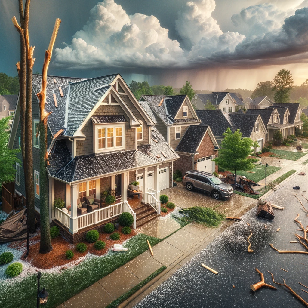 Post-storm resilience in North Carolina: A neighborhood street with houses showcasing durable architectural shingles after a hailstorm.