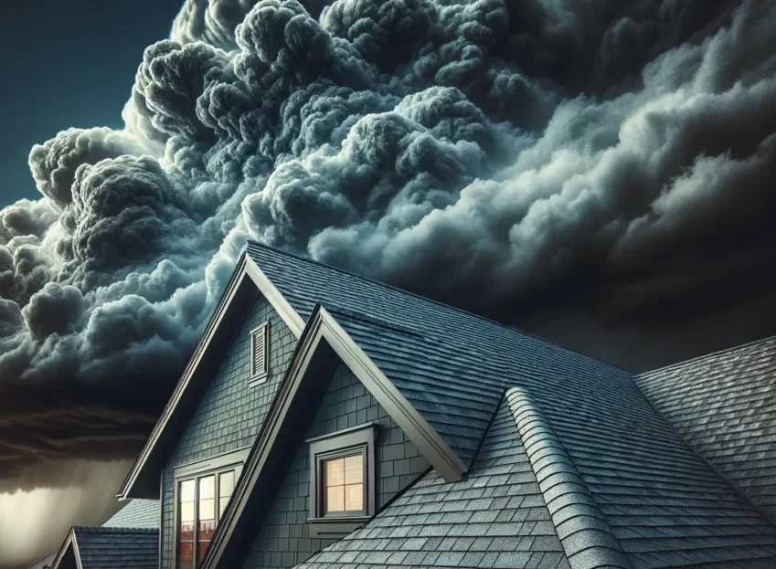 Roof threatened by an approaching storm.