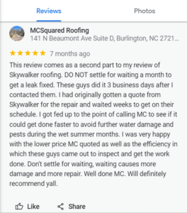 Review from a homeowner who chooses MCSquared Roofing over Skywalker Roofing