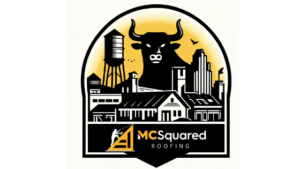 MCSquared Roofing, a leading Durham roofer, featuring a distinctive 'Bull City' design with a strong bull icon set against a cityscape silhouette. This logo captures the essence of Durham, NC, with elements like industrial water towers and modern buildings, all underlined by the company name in bold. The backdrop in vibrant yellow highlights MCSquared Roofing's commitment to quality and local service in Durham.
