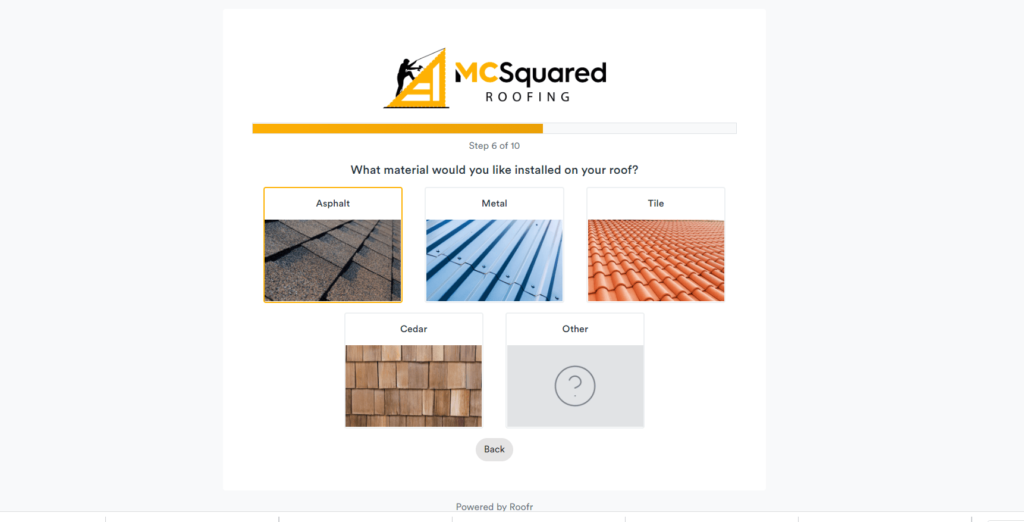 MC Squared Roofing's instant estimator tool showing roofing material options including Asphalt, Metal, Tile, Cedar, and Other.