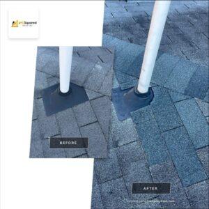 Before and after of a pipe boot installation, showing the high-quality roofing repair work done by MCSquared Roofing.