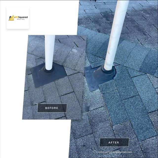 Before and after of a pipe boot installation, showing the high-quality roofing repair work done by MCSquared Roofing.