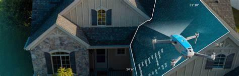 A drone capturing an aerial view of a house with a new shingle roof.